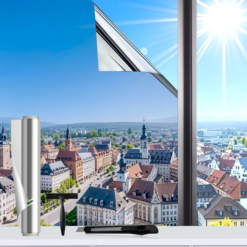 Evofensteere (Silber 44.5X200cm) UV-Schutz Sonnenschutzfolie Fenster innen oder außen,Selbstklebend Ohne Rückstände Thermofolie Fenster Gegen Hitze, spiegelfolie Fenster sichtschutz für Büro und Haus