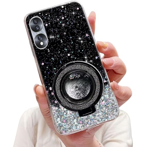 Tivenfezk Nadoli Sparkle Treibsand Ständer Hülle für Oppo A58 5G,Versteckt Ständer Ring Klar Glitzer Stern Handyhülle Durchsichtig Bling Schutzhülle Case Cover,Schwarz