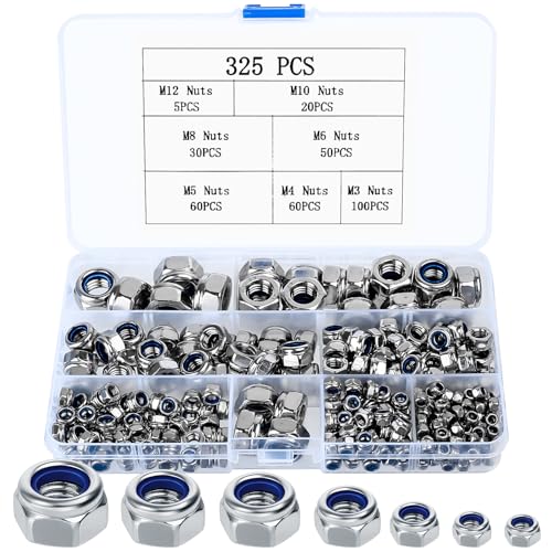 325 Stk Sechskantmuttern Set, Sicherungsmuttern Selbstsichernde Muttern, Schraubenmuttern, Stoppmuttern, Kontermuttern Set, Sechskant Mutter Sortiment Set für Gewindeeinsätze, M3 M4 M5 M6 M8 M10 M12