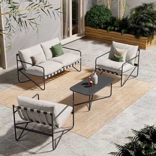 Grand patio Gartenmöbel Set 4 Sitzer mit Kissen, Rope Lounge Set mit 2 Sitzer Sofa, 2 Sessel Und 1 Tisch, Metall Sitzgruppe for Garten,Terrasse, Draußen, Drinnen