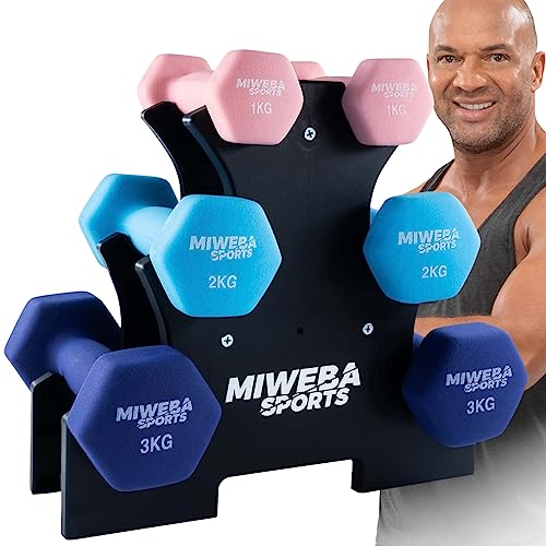 Miweba Sports Neopren Hantelset NKH120 | ????? Hantel - Hexagon Hanteln Set - Kurzhanteln - Kurzhantel Set - Neoprenhantel - Hantelständer - Hantel - Dumbbell - 1-3kg (Rosa/Türkis/Königsblau)