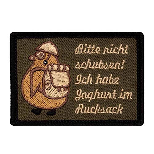 Café Viereck ® Bitte Nicht Schubsen Ich Habe Joghurt im Rucksack Fun Patch mit Klett Pinguin mit Helm und Stiefeln - 7 cm x 5 cm