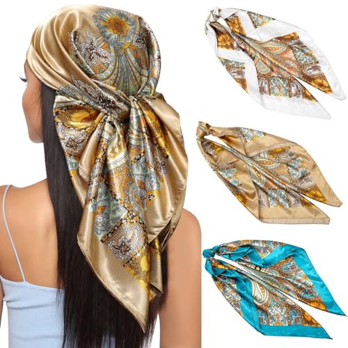 Kajeer 3 Stück Kopftuch Bandana Halstuch für Damen - 90x90cm Große Satin Seidentuch Weiches Satinschal Haarschal für Frauen