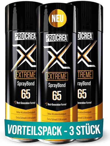 PROCREA® 3x Premium Sprühkleber "X65 Extreme" [Hitzebeständig bis 110°] Extra starker & schneller Industriekleber für Dachhimmel, Stoff, Schaumstoff uvm. - Kein Durchschlagen - Wasserfest