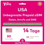 TSIM USA eSIM 14 Tage | Unbegrenztes Datenvolumen, Anrufe & SMS | Prepaid USA eSIM | Nutzt das T-Mobile-Netzwerk | Nummer vor der Reise erhalten | Hotspot-Sharing erlaubt | 5G eSIM