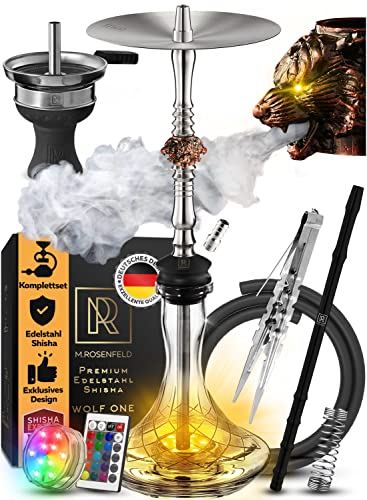 M. ROSENFELD Shisha Set Komplett - Edelstahl mit Unikalem Air Flow durch 3 edle Wolf Köpfe aus Kupfer - quality Zubehör + LED Licht Untersetzer mit Fernbedienung - 85cm