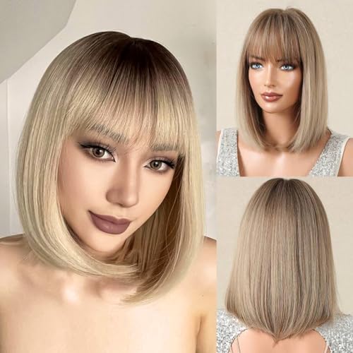 DAJASD Kurze Bob Perücke mit Pony, Natürlich Kurze Gerade Ombre Bob Perücken, Perücke Blond Kurz, Perücke Blond mit Pony, Synthetisches Haar Perücken für Tägliche Party Cosplay