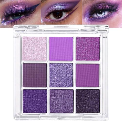 Lilbitty 1er Set 9 Farben Glitzer Lidschatten Palette, Wasserfest Pigmentierte Augen Make-up Palette in Violett Lila Silber Schimmer, Langanhaltender Lidschatten für Frauen und Mädchen