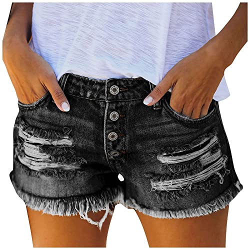 Jeanshose Kurz Damen Low Waist Stretch Kurze Hose Sommer Zerrissen Push Up Leggings Ripped Loch Hotpants Skinny Y2k Boyfriend Jeanshorts Denim Kurze Jeans Sommershorts mit Taschen