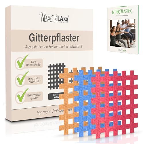 BACKLAXX ® Gittertape 40 Stück Premium-Qualität – Gitterpflaster Set in Größen Typ c – GRATIS umfangreiches eBook mit 60 Anwendungsbeispielen – Akupunkturpflaster Cross Tape Gitterpflaster
