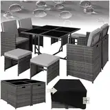 tectake Lounge Möbel Set aus 4X Stühle, 1x Tisch, 4X Hocker, wetterfest und platzsparende Cube Aufbewahrung inkl. Schutzhülle, Outdoor Rattan Gartenmöbel für Balkon, Garten und Terrasse - grau