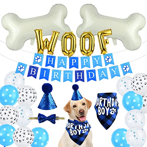 ASTARON Haustier Hund Geburtstag Party Supplies, Blauer Junge Hund Geburtstag Hut Bandana mit Knochen Ballons Welpe Geburtstag Banner für Haustier Geburtstag Party Supplies Dekorationen