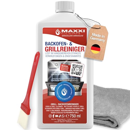 MAXXI CLEAN | Backofen & Grillreiniger - das Original | 1x 750 ml Gel, 1x Pinsel und 1x Microfasertuch | selbstarbeitender Reiniger und Fettlöser | für Herdplatte & Grill | löst Verkrustungen