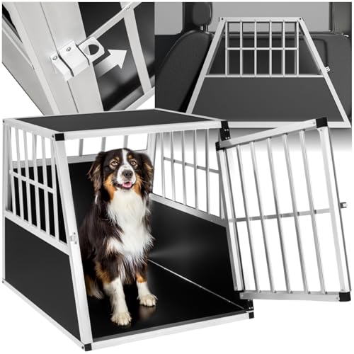 tectake® Hundebox Auto oder Hundebox für Zuhause. Aluminium Hundetransportbox mit schräger Rückwand, leicht und stabil, Auto Kofferraum Transportbox für Hunde 66x90x69,5cm