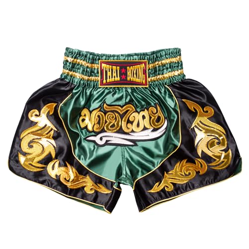 SIAMKICK Klassische Muay-Thai-Shorts für Männer und Frauen, Boxen, Kickboxen, hochwertige MMA-Kampfkleidung, Trainingshose, Grüner Bodhi, Medium