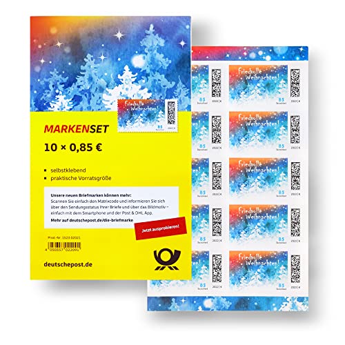 10 Stück 0,85 EUR 85 Cent postfrische selbstklebende Briefmarken | Frankaturware Markenset | Motiv: "Frohe fröhliche friedvolle Weihnachten"