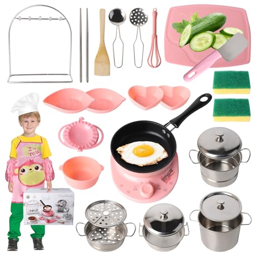 Suewidfay Kochset für Kinder Kinderküche Zubehör, Echtes Kochen Küchenzubehör für 6–12 Jahre, 28-teiliges Kinderkochset mit Induktionsherd, Wok, Knödelkocher, Hohem Topf, Messer und Suppentopf