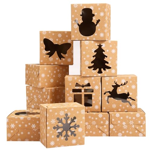 Naler 18 Stück Weihnachten Keksboxen mit Fenster Keksschachtel Kraftpapier Geschenkboxen für Bäckerei Cupcake Kuchen Dessert