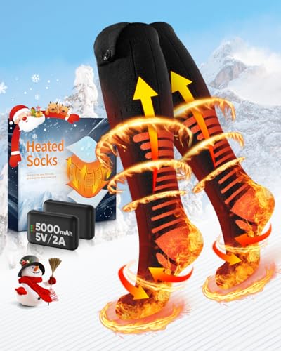 2025 Upgraded Beheizbare Socken, Wiederaufladbare Heizsocken mit 5000mAh 5V Akku, 3 Wärmeeinstellungen & 360° Heizung Beheizte Socken, Waschbare Beheizbare Socken Damen Herren für Ski Jagen Wandern L