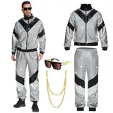 Aragallant 80s 90s Outfit Herren Damen, Kostüm 80s Tracksuit Disco Jacke und Hose, 80s 90s Retro Anzug Jogging Anzug Unisex mit Halsketten Brille für Bad Taste Party, Karneval (XL)