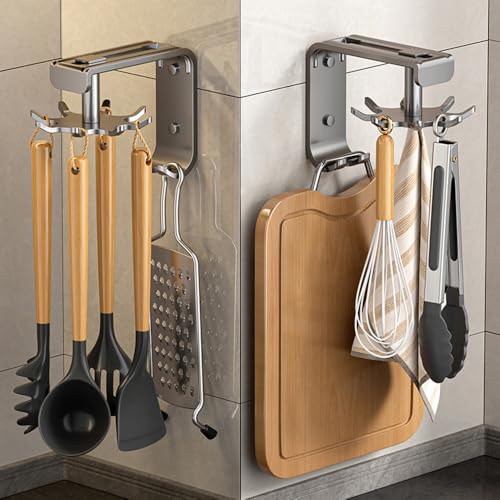 DEPAOTLUX 2 Stücke Hakenleiste für Küchenutensilien, Metall Küchenutensilienhalter mit 8 Haken,360 ° Drehung Küche Hakenleiste, Hängeorganizer Küchenhaken Rack für Küche/Bad (Grau)