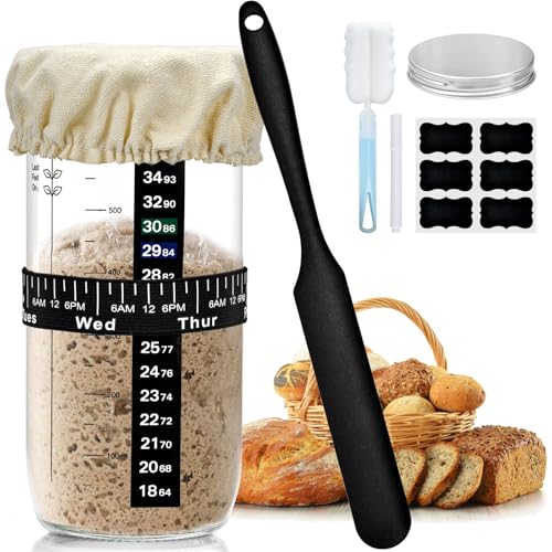 JOYSAL Sauerteig Starter Set, 730ml Gärglas mit Spatel u.Thermometer, Reusable Brot Backen Zubehör, Fermentierglas, Sauerteig Glas, Sourdough Starter Kit, Anstellgut Glas Behälter