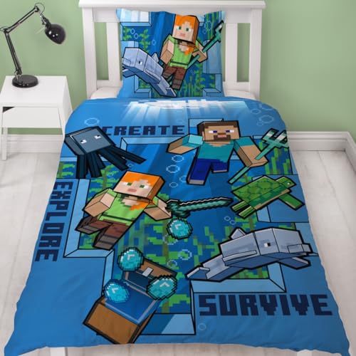 Minecraft Bettwäsche Kinderbettwäsche Jugendbettwäsche 135x200 · Unterwasserwelt · Wende Motiv · Kissenbezug 80x80 + Bettbezug 135x200 cm · 100% Baumwolle · deutsche Größe