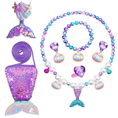 7 Stück Meerjungfrau Schmuck,Meerjungfrau Mädchen Tasche Halskette Ohrringe Armband Ringe Haarspange,Kinderschmuck Meerjungfrauen Schmuck Mädchen,Meerjungfrau Accessoires für Party Dress Up Geschenk