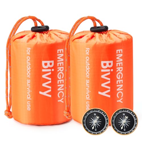 Esky Biwaksack, 2 Stück Notfall Schlafsack Biwaksäcke Wasserdicht Thermo Leicht Wasserdicht Überlebenssack Mit Pfeife und Kompass Ausrüstung Survival Ideal zum Zelten Wandern und Abenteuer Orange