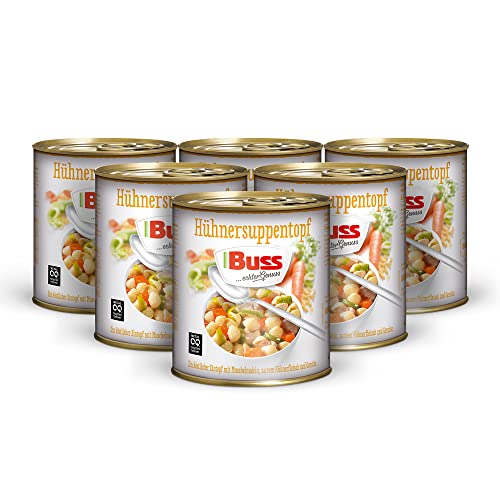 Buss klassische Hühnersuppe - Deftiger Suppentopf mit Hühnerfleisch, Muschelnudeln und Gemüse - Lang haltbare Fertiggerichte zum Aufwärmen in Mikrowelle & Topf - 6 x 800g
