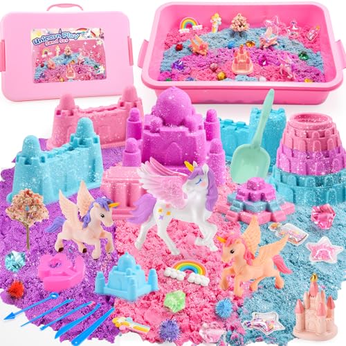 Geebiiny Einhorn Geschenke für Mädchen, Kinetischer Sand Spielzeug ab 3 4 5 6 7 8 9 10 Jahre Mädchen Magic Sand Spielsand für Drinnen Geschenk Mädchen 3-10 Jahre Einhorn Spielzeug Zaubersand Knetsand