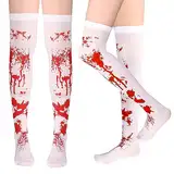 WLLHYF Halloween Blutige Strümpfe Cosplay Hohe Socken Weiße und Rote Blutbefleckte Kostümstrümpfe Horror Overknee Oberschenkel Lange Strümpfe für Frauen Mädchen Halloween Party Cosplay