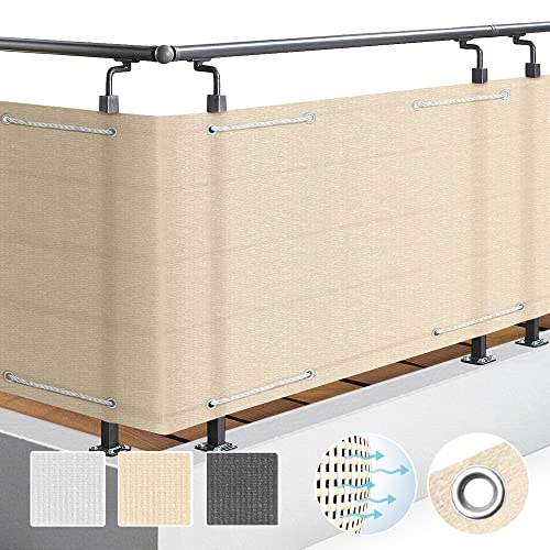 Sol Royal SolVision Balkon Sichtschutz HB2 HDPE blickdichte Balkonumspannung 90x500 cm – Schutz für Balkon Geländer Sichtschutz Creme – Abdeckung mit Ösen und Kordel