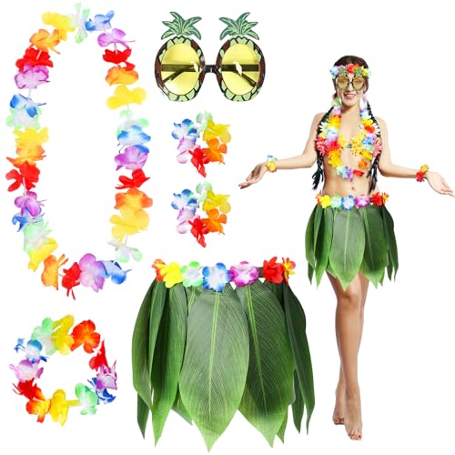 LOHAME 6tlg Hawaii Kostüm Accessoires Blatt Hula Rock Hawaiian Leis Set Blätterrock Ananas Sonnenbrille Hawaii Grass Rock Blume Girlande Armband Haarblume für Erwachsene Hawaii Party Beachparty Sommer