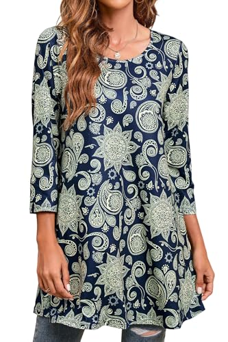 Enmain Damen Tunika Langarm Große Größen Elegant Blusen Tuniken Für Frauen Weihnachten Festliche Bluse Long Paisley Oberteil Shirt,Marineblau & Cremeweiß,L