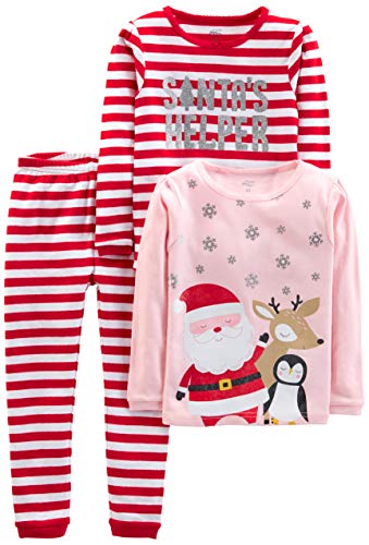 Simple Joys by Carter's Unisex Kinder 3-Piece Snug-Fit Cotton Christmas Pajama Pyjama-Set, Rosa Weihnachtsmann/Rot Streifen, 6-9 Monate (3er Pack)