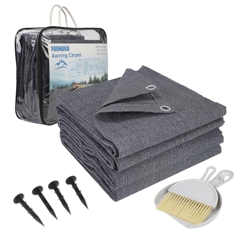FoundGo Vorzeltteppich mit Ösen [280g/m² HDPE] Camping Teppich Outdoor Vorzeltboden inkl. Tragetasche Stahlnägel & Kleiner Besen Blau/Grau 200x300cm
