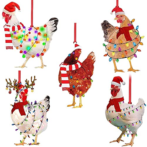 Frunimall Weihnachtsbaumschmuck Huhn mit Schal,Weihnachtsanhänger,Weihnachtsschmuck für Garten,Huhn Christbaumschmuck,Christmas Decorations,Christbaumkugel Personalisiert(5PCS)