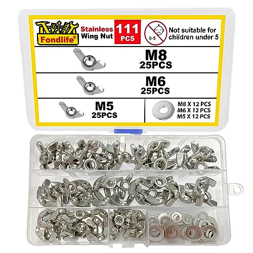 Fondlife Flügelmutter, Edelstahl Flügelmuttern Kit mit Unterlegscheiben Kit, Metric Thread flügelschraube, Hand Schraub Flügelmuttern (111)