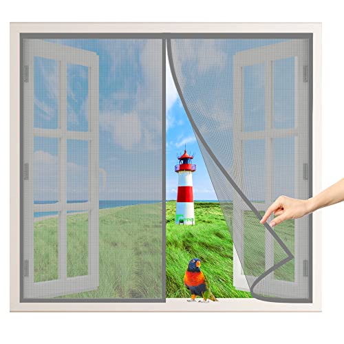 Fliegengitter BalkonFenster Ohne Bohren Magnet Fliegenvorhang Insektenschutz Fenster, 150x125 cm Für Die BalkonFenster, KellerFenster und TerrassenFenster Automatische Abschaltung, Grau P