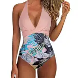 Badeanzug Damen Bauchweg, Einteiliger Bademode Damen mit Tiefer V-Ausschnitt,Monokini Damen Neckholder Mode Sexy Twist Badeanzüge Rückenfrei Slim Fit Schwimmanzug Strandmode Swimsuit für Frauen