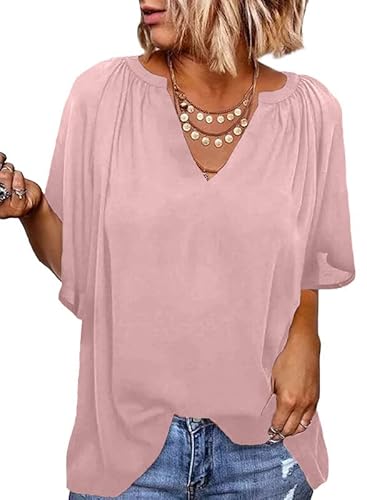 Elegancity Hell Rosa Bluse Damen Chiffon Hemd V Ausschnitt Tunika Trompetenärmel Kurzarm mit Rüsche Elegant Einfarbig Sommer Blusen XXL