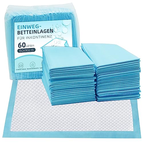 EasyVibe Wegwerf-Bettpads für Inkontinenz 60x90cm-60 Stück Betteinlagen Inkontinenz Einweg Erwachsenen, Heavy Duty Bettpads Inkontinenz, Einweg-Wickelunterlagen, Pee Pads Extra Large