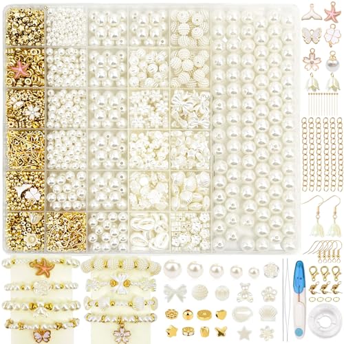 KAOHONG 1600 stück Perlen Weiß, Perlen zum Auffädeln Erwachsene für DIY Beads for Jewellery Making Schaffung, Perlen Set Schmuck Benutzt für Weihnachten, Partys, Ostern, Feiertage