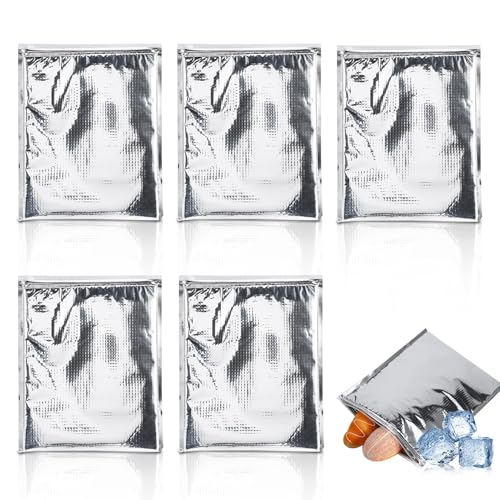 Wiederverwendbare Isolationstaschen, 5 Stück Alufolie isoliert Lebensmittel Lagerung Liner Tasche Thermische Kühlbox Wasserdichte Thermotasche Lunch-Box für Lebensmittel Auskleidung Packtaschen