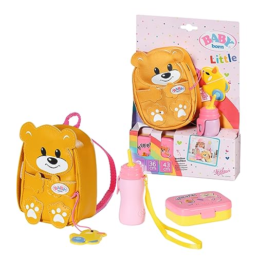 BABY born Zapf Creation 834961 Kindergarten Rucksack Set 36 cm-gelber Puppenrucksack in Bärenform mit Lunchbox und Trinkflasche, Gelb