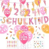 Einschulung Deko Set für Mädchen, Schulkind Girlande + 2024 Zuckertüten Banner + Schuleinführung Schulanfang Luftballon + Schultüte Konfetti