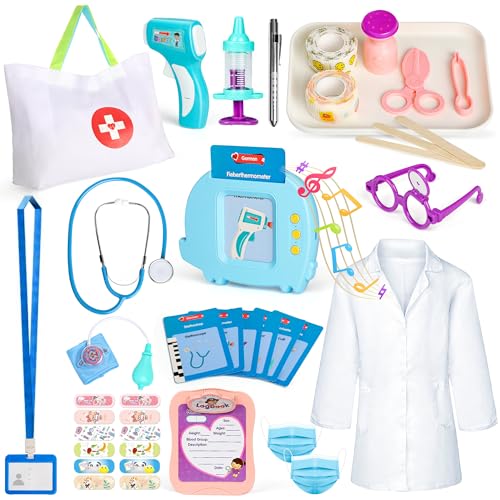 Hot Bee Arztkoffer Kinder ab 2 3 4 5 Jahre, Doktorkoffer Kinder Spielzeug ab 3 4 5 Jahre, 40 Pcs Role Play, Lernspielzeug mit Sprechende Lernkarten Deutsch, Stethoskop, Ärzte Tasche Doctor Set Spiel