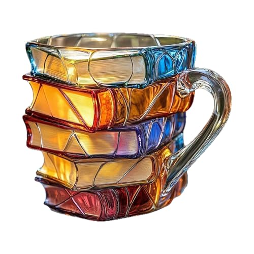 Kreative, buchförmige farbige Glasbecher, Unique Books Stack Coffee Cup, Collection Gifts For Literature Lovers, handgefertigt, farbiges Glas, Buch-Kaffeetasse die Schönheit der Kunst