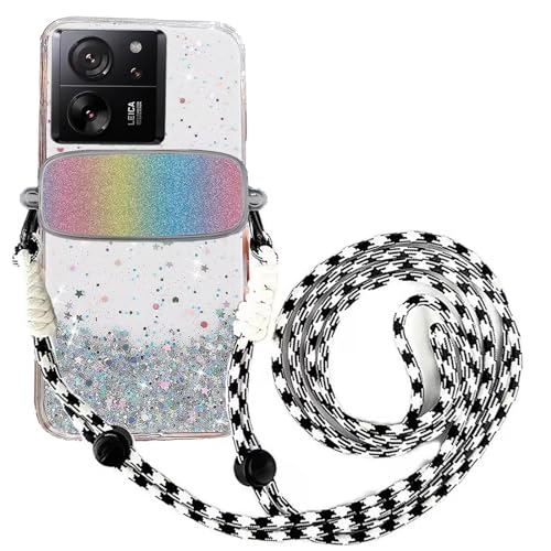 Tivenfezk Nadoli für Xiaomi 13T/13T Pro Glitzer Handykette Hülle,Silikon Bling Durchsichtig Crossbody Tasche zum Umhängen Schutzhülle mit Telefon Clip Halter Band